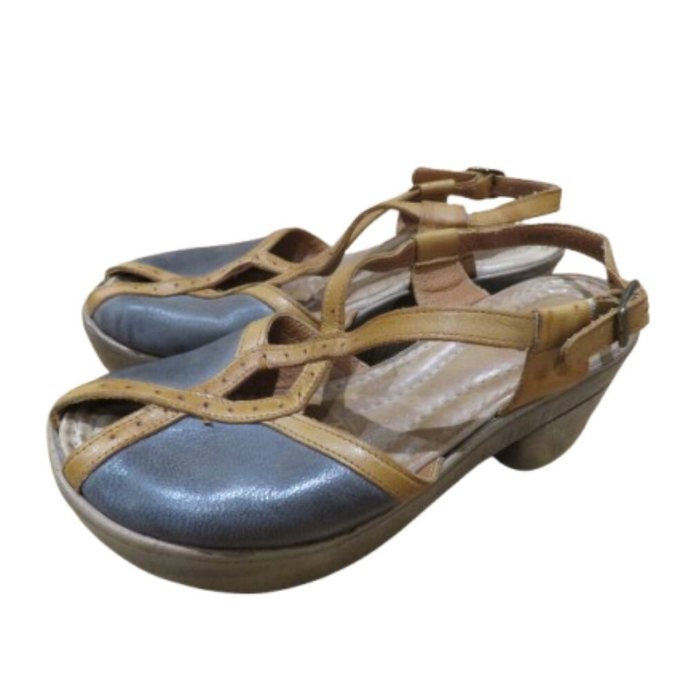 JAFA Peep Toe Wedge Clog Sandals in Gray Tan Antique Leather Boho Mary Jane